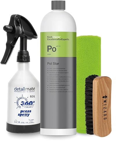 detailmate Kit de nettoyage d'intérieur – Koch Chemie Pol Star Nettoyant textile, cuir et alcantara 1L par Kwazar Mercury Pro Vaporisateur 360° 0,5L – Chiffon microfibre – Brosse pour tapis et tissus