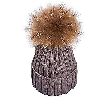 EXQULEG Warm Mütze, Echtfellbommel Pudelmütze,Winter-Mütze Bommelmütze Pelzbommel Waschbär Raccoon Pelz (Dunkelgrau)