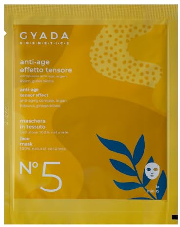 GYADA COSMETICS, Maschera Viso in Tessuto Antiage, per Tutti i Tipi di Pelle, Idratante e Antirughe, Effetto Tensore, con Olio di Argan, Aloe Vera e Acido Ialuronico, 15 ml