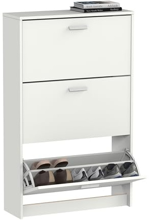MUEBLES PITARCH | Zapatero Recibidor Mueble Auxiliar Estrecho 3 Puertas para Entrada Blanco, 18 Pares de Zapatos, 82x74x25cm, Colección Tibet
