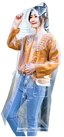 Freesmily supertransparent regnrock för dammode vattentät regnponcho av EVA, återanvändbar med huva med dragsko, Gå, XL