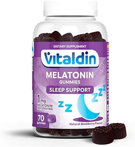 VITALDIN Gommose di Melatonina 1 mg per Dormire - Senza Glutine - 70uds | Gummies che Aiutano a Regolare il Ciclo del Sonno; 2 Mesi; Gusto Mora; Bambini e Adulti.