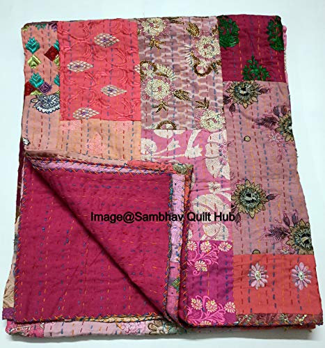 Patchwork-Dekor, alte Vintage-Stickerei, Kantha-Steppdecke mit Kissen, Heimdeko, Khambadiya, Kantha-Steppdecke, King/Queen Kantha, Tagesdecke, Steppdecke mit 2 Kissenbezügen, Rosa, 228 x 274 cm