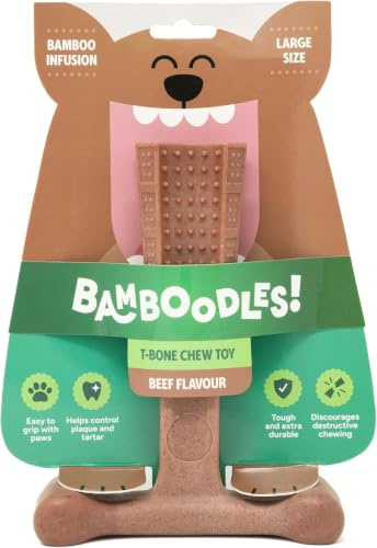 Bamboodles T-Bone Kauspielzeug – Groß | Rind | Langlebig | Langlebiges T-Bone Kauspielzeug aus Bambusfaser und Nylon, Rind-Geschmack, für Große Hunde.