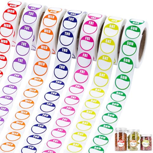 Days of The Week Stickers,3500 Food Labels Stickers,Circular Full Week Day Dots Food Labels,Day Dots Food Labels,Removable Labels for Jars(All 7 Days Included 500 Labels per Roll)