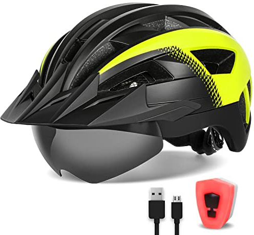 Funwict cykelhjälm med visir för män och kvinnor, lätt cykelhjälm med magnetiska glasögon och USB-laddning LED-ljus, snygg mountainbikehjälm storlek M/L/XL (XL: 59–63 cm, svart gul)