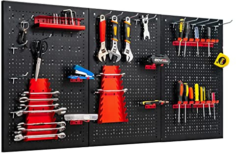 COSTWAY Organiseur Mural en Panneau Perforé Métal 3 Panneaux (Noir) | Rangement d'Outils avec 25 Accessoires de Suspension, Porte-outils Standard Fixé au Mur pour Garage, Atelier, Entrepôt