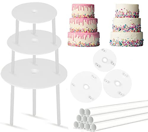 KLYNGTSK 3 PCS Planches à Gâteaux avec 18 PCS Goujons à Gâteau, Supports à Gâteau Plateaux de Séparation de Gâteau Plateaux de Séparation de Gâteau Tiges à Gâteau Blanc pour Gâteaux Mariage