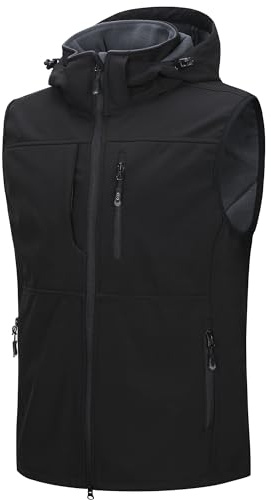 33,000ft Men's Softshell Gilet Lightweight Waterproof Removable Hood Vests | Windproof Sleeveless Jackets, Fleece Lined Bodywarmers Outerwear, 7 Pockets Activewear, for Hiking, Cycling, Golf, Safari