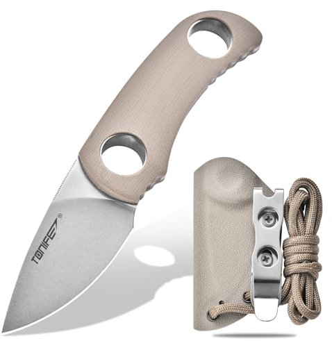 TONIFE Runer Couteau de cou fixe avec fourreau et lanière,4,7cm lame Full Tang Edc Couteau de cou pour l'extérieur (sable chaud + stonewash)