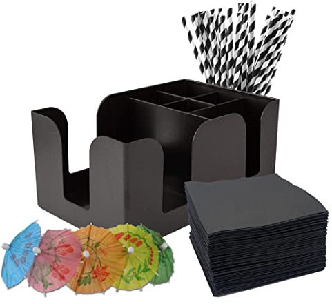 Bar Caddy with Accessories Included - Napkins, Straws and Cocktail Drink Umbrellas Bar Tidy Bar Accessories for Home Pub Bar Black Caddies Starter Kit with Napkin Holder, H106mm x W147mm x L240mm