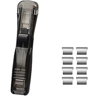 Grapadora de presión negra transparente con 8 piezas de clips reutilizables, dispensadores de clip de almeja rápidos para recarga de clips de carpeta, para escritorio, documentos, oficina, hogar