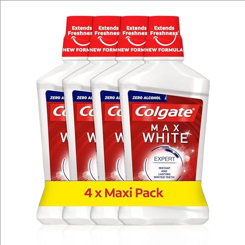 Colgate Max White Expert Mouthwash (4 x500ml) | Whiter Teeth | Clinically Tested | Alcohol Free | Daily Stain Defence, Fresh Breath and Cavity Protection