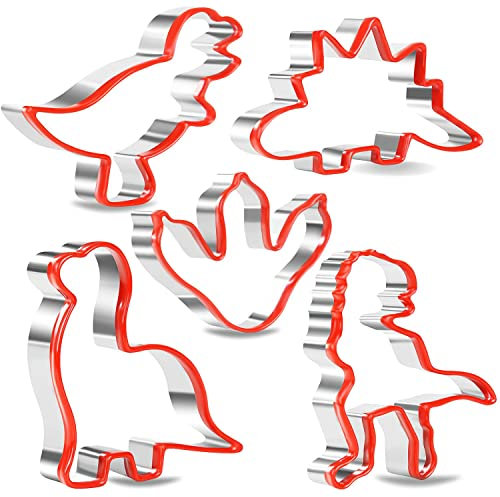 Dinosaur Cookie Cutters Set,5 Pieces Stainless Steel Biscuit Cutters for Kitchen Baking with Soft Silcone Edge