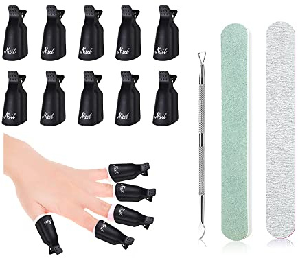 Clips dissolvant pour ongles, 10 pièces pince à ongles avec presse cuticules et 2 pièces lime à ongles, clip de trempage Gel Cap pour dissolvant Gel Polish (noir)