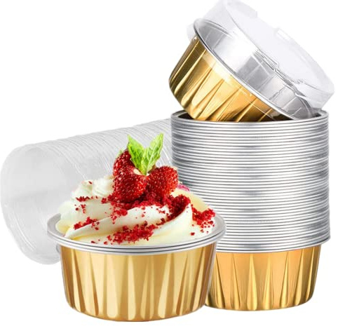 Paquete de 100 tazas para hornear de papel de aluminio con tapas, tazas de postre de 5 onzas, moldes desechables para magdalenas, mini moldes para magdalenas, para bodas, cumpleaños(dorado)