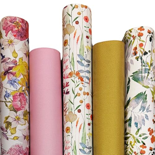 artwelten Home & Style Geschenkpapier Blumen – 5 Rollen à 2 m x 70 cm – Floral & Rosé-Gold – Ohne Knicke – Nachhaltig – Ideal für Geburtstag, Hochzeit, Valentinstag, Muttertag, Frauen