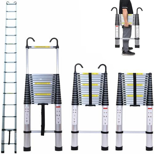 5M Telescopic Folding Ladder 16.5FT Aluminium Telescopic Ladder 95cm to 5m 12 Rungs Multi-Purpose Extendable Ladder with Non-Slip Feet & Detachable Hooks Extension Ladder for Home, Attic, Garden