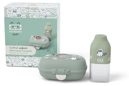 monbento - Geschenkbox Kinder Mittagessen - Mit Snackbox MB Gram Raccoon, Trinkflasche MB Positive S - Ideal für Snacks in der Schule/Park - Waschbär
