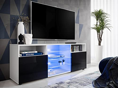Komodee, TV-Schrank Urbino, Weiß/Schwarz, Breite 140 cm x Höhe 53 cm x Tiefe 35 cm, ohne LED, 3 Glasböden, 2 Fächern mit Türen, 2 offenen Fächern für Wohnzimmer, Schlafzimmer