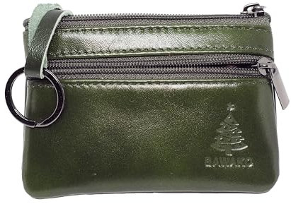 BAWAKO Schlüsseltasche Echtleder Sonderedition, Schlüsseletui für Damen Herren Kinder, Schlüsselmäppchen Kleingeldbörse kompakt handgemacht Spezial (Grün, Weihnachtsbaum S)