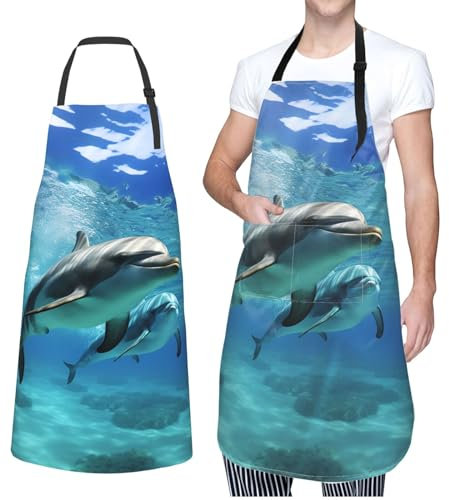 GFLFMXZW Schürze für Damen und Herren, wasserfest, Universum, Galaxie, Weltraum, verstellbare Lätzchen, Arbeitsschürzen zum Geschirrspülen, Marine-Delfin, EinheitsgröÃŸe