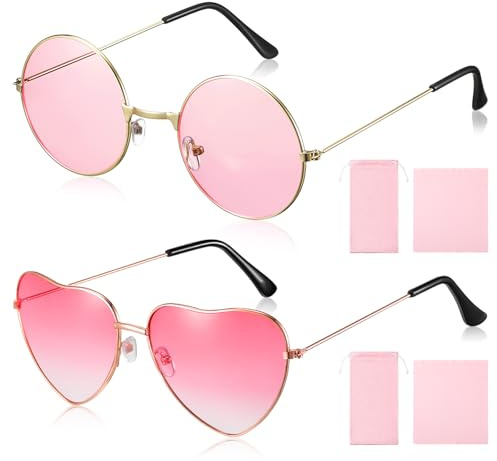 Sinmoe 2 Sets Lunettes de Soleil Hippie Inclure Lunettes Rondes et Forme de Cœur 2 Sacs de Rangement 2 Chiffons de Nettoyage Lunettes Disco pour Femmes Déguisement Rétro Rave Années 60 70