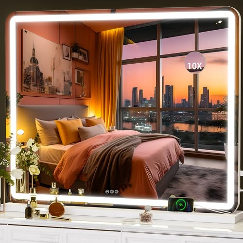 Hasipu Vanity Mirror with Lights, 100 x 73cm LED Makeup Mirror, Lighted Make up Mirrors with Dimmable 3 Modes, Touch Screen Control Vanity Mirrors Round White