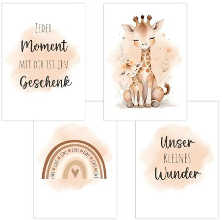 4er Set Baby DIN A4 Bilder mit Giraffe, Regenbogen und Sprüchen, Poster mit Tiermotiv für Babyzimmer, 200g/m² Papier, Kinderzimmer Wanddeko, für Bilderrahmen, Dekoration für Jungen & Mädchen, Beige