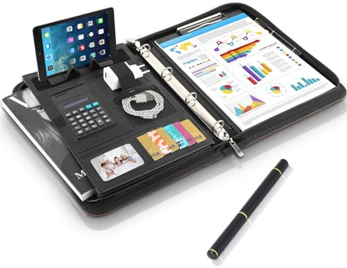 Schreibmappe A4, Konferenzmappe mit Handyhalter, Leder Dokumentenmappe mit Reißverschluss, Wasserdicht Aktenmappe mit Ringbuch Klemmbrett Notizblock, Portfolio Mappe für Business Meeting, Braun