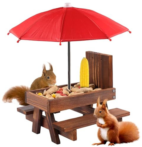 PRITOK Wooden Squirrel Picnic Table with Umbrella and Corn Rack - Outdoor Feeding Station for Chipmunk and Bird (Brown)