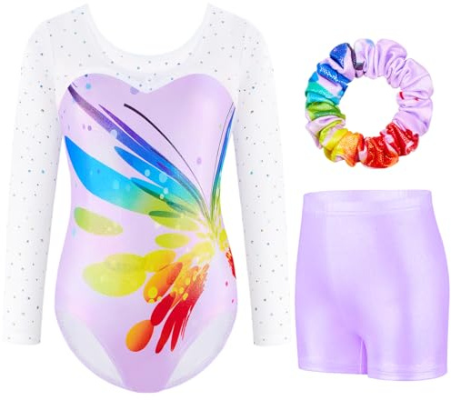 Boteria Dreiteilige Gymnastikanzug Mädchen Turnanzug Leotard Turnshorts und Haarband Set, Langarm Ballettröckchen Kleid Trikotanzug Gymnastik Outfit Set für 5-12 Jahre