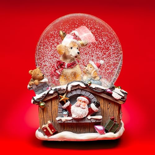 SIKORA SK20 Große Glas Deko Schneekugel Zwei Hunde mit Weihnachtsmützen und Schal D:100 mit Spieldose