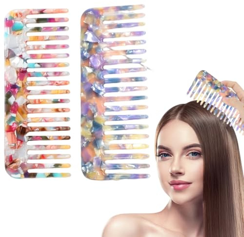 EUYKQNOI Lot de 2 peignes à dents larges pour cheveux bouclés en acétate de cellulose pour cheveux longs, épais, ondulés et mouillés