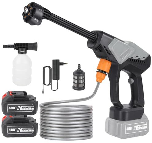 Hidrolimpiadora de Batería 21V Máx 60Bar, Hidrolimpiadora de Alta Presion con de 6000mAh Bateria, Press & Clean Pistola Lavado con Manguera de 5M, Boquilla 6 en 1, Jarra de Espuma (con 2 Batería)