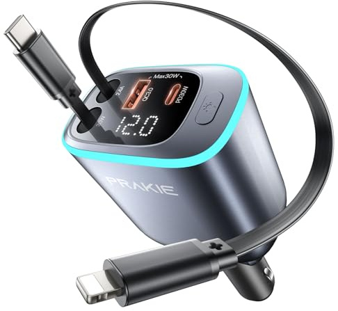 iPhone Car Charger, Retractable Fast USB C Phone Charger, 4 in 1 Cigarette Lighter Adapter with 2 Cables 25 Inch and 2 USB Ports, Multi Port USB Car Charging for iPhone 17/16/15/14/13/Pro Max