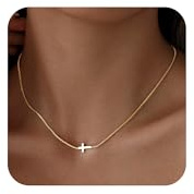 VIROMY Collar Colgante Cruz de La Mujer con Borde Horizontal 14k Chapado en Oro Cruz Collares para Mujer Elegante y Delicado