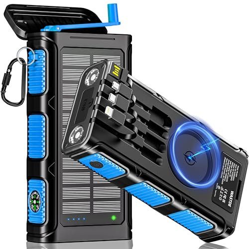 Power Bank Solare 26800mAh, Powerbank Wireless con Carica Solare, Manovella e 4 Cavi, Power Bank USB-C Ricarica Rapida 7 Uscite e 5 Ingressi per Telefono, Batteria Esterna Impermeabile per Campeggio