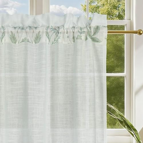 HiSnug Weiß Scheibengardinen Küche Leinen Bistrogardine für Landhausstil Gardinen Kurz Halbtransparente Küchengardinen mit bedrucktem Spitzenbesatz H90 x B65 cm - 2 Stück