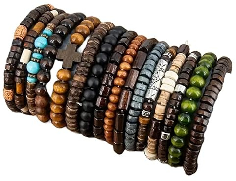 Armband Set Holzperlen 16 Stück – Farbige Perlen Armbänder Damen Herren