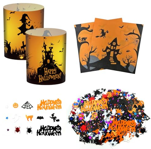 Halloween Tischdeko 20 Stück Servietten Halloween Deko + 8 Windlicht Deko Set Tisch Party Geschenk Geeignet für Teelicht oder Kerzen (Hexe)