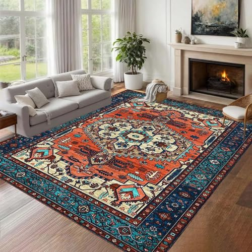 ZLXMN Wohnzimmer Waschbare Teppiche 160x230cm Vintage Boho-Stil Terrakotta Traditioneller Orientteppich Kurzflorig Weich rutschfest FläChenteppich füR Schlafzimmer KüChe Flanellteppich