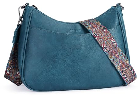 APHISON Klein Umhängetasche Damen Crossbody Bag mit Breitem Gurt Schultertasche veganem Leder blau Handtasche Tasche mit Abnehmbarem Schultergurt Kartenschlitz Reisetasche