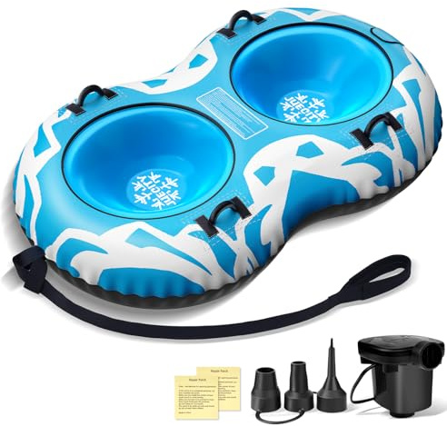 Snow Tube with Towable Leash, 68 Inch Snow Sleds for Kids and Adult，2 Person Sled for Winter Sports, Snow Tubes for Sledding Heavy Duty, Inflatable Snow Sled with Double Layer Bottom Fabric