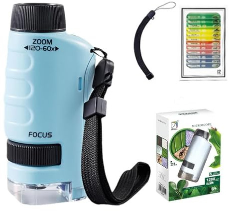 60-120X Mini Pocket Microscope for Kids Adults, Portable Handheld Microscope with 12 Slides and LED Light, for Preschool, Home Study (blue)