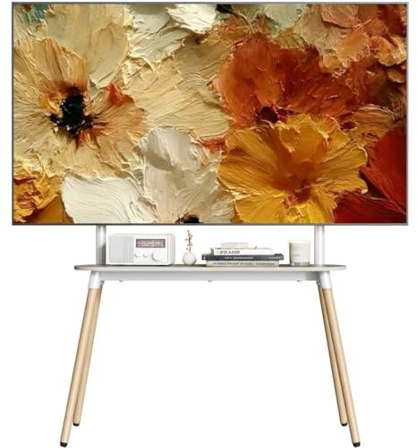 ECOTINY TV Ständer Holz für 49 bis 86 Zoll Fernseher bis zu 50KG, Weiß | , höhenverstellbar und schwenkbar, tragbarer TV-Ständer Holz mit Holztablett,max VESA 400x600mm
