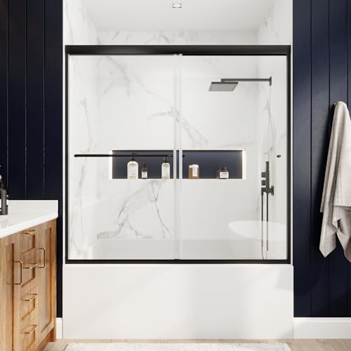 56-60 in.W x 58 in.H Semi-Frameless Sliding Shower Door for Bathtub, 1/4 (6mm) Clear ANSI Tempered Glass Shower Door, Stainless Steel Hardware, Reversible Installation, Easy-Clean, Matte Black Finish