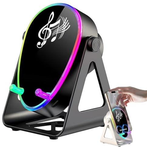 5-in-1 Wireless Induction Speaker with Adjustable Phone Stand – No-Bluetooth Auto-Link Sound Amplifier with RGB Ambient Light, 180° Tilt Holder, Portable Induction Audio for iPhone/Android(Black)