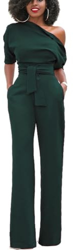 minkissy Ladies Jumpsuit Women Solid Wide Leg Jumpsuit off Shoulder with Belt Short Sleeve Loose Baggy Pants Casual Romper for Shopping Travel Wedding Party Olive Green Size M