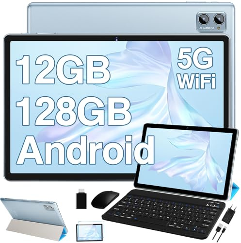 2026 Tablet 10 Pollici Android, 12GB RAM + 128GB ROM/TF 1TB, 5G WiFi, Bluetooth 5.0, Batteria 6000mAh, 5+8 MP Camera, Widget, GPS, Widevine L1, GMS, Tablet con Custodia, Mouse e Tastiera - Blu